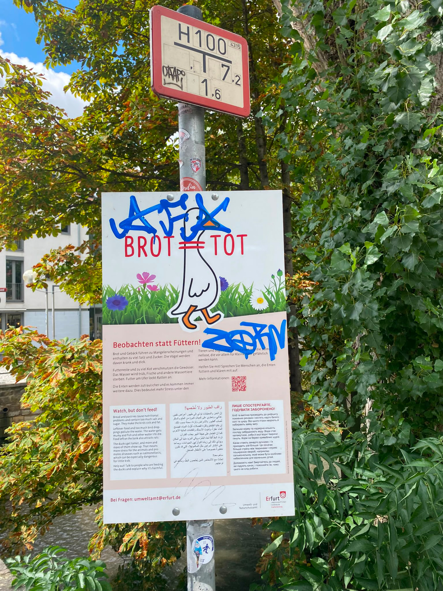 Informationsschild einer Stadtverwaltung mit blauer Sprühfarbe übermalt