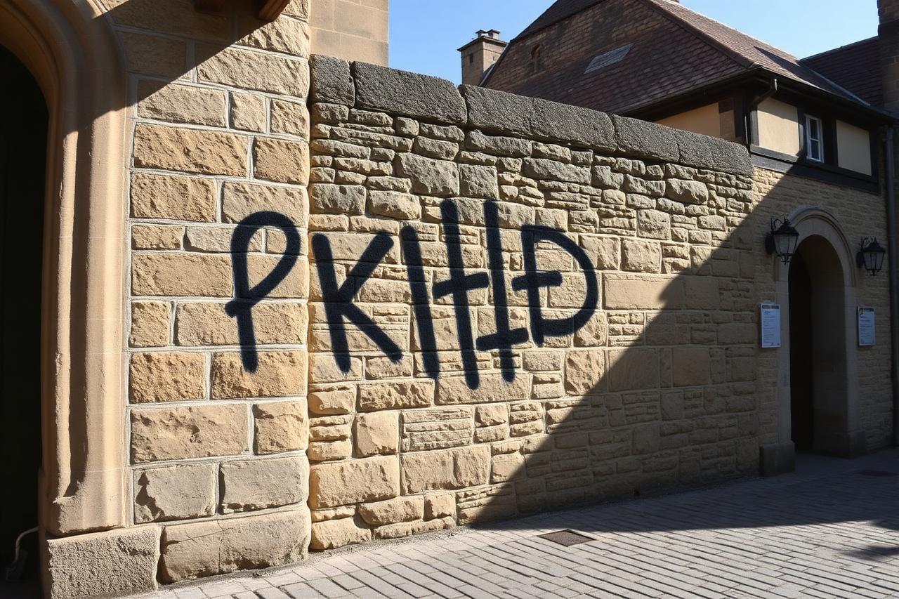 Historische Sandstein- und Bruchsteinmauer eines Denkmals mit dunklen Tags