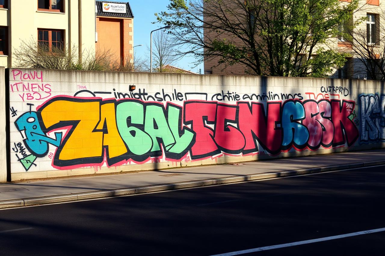 Großflächiges mehrfarbiges Graffiti-Piece auf einer langen Betonmauer an einer Straße