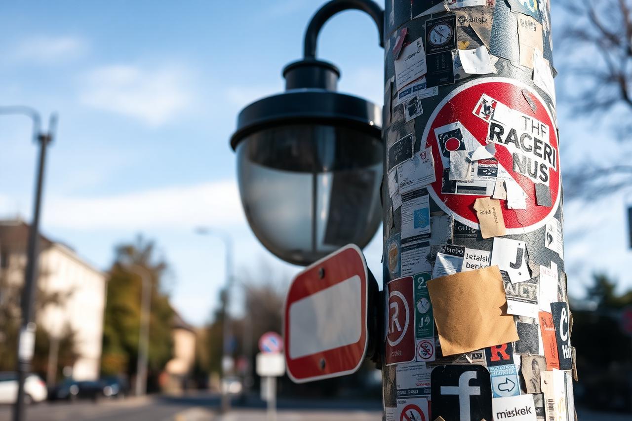 Laternenmast und Verkehrsschild dicht mit Aufklebern und Papierresten beklebt